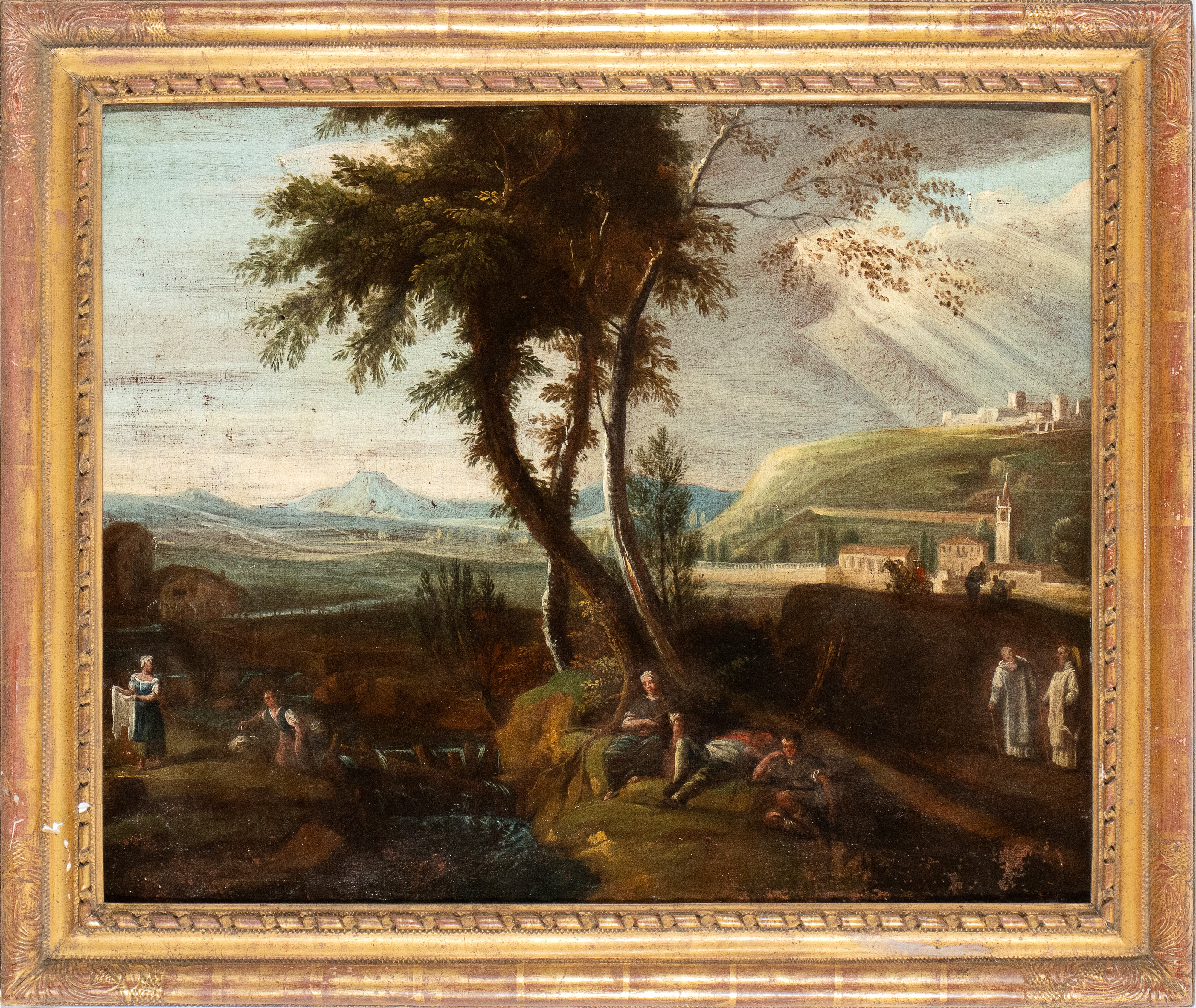 Artista Veneto, XVIII Secolo - Paesaggio con Sosta di Viandanti, Monaci e Lavandaie Presso un Tor...