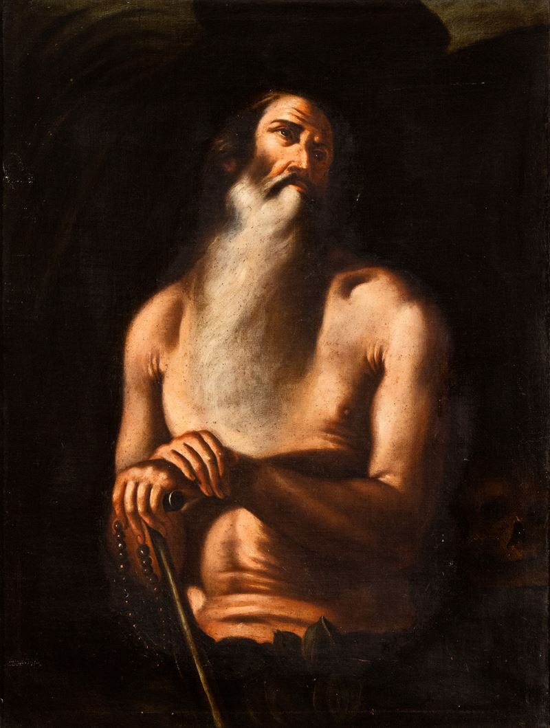 Artista Napoletano, XVII Secolo - Eremita con Bastone e Rosario