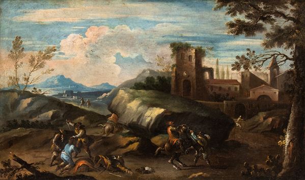 Artista veneto, fine XVII - inizio XVIII secolo - Paesaggio con agguato e cittadella sullo sfondo