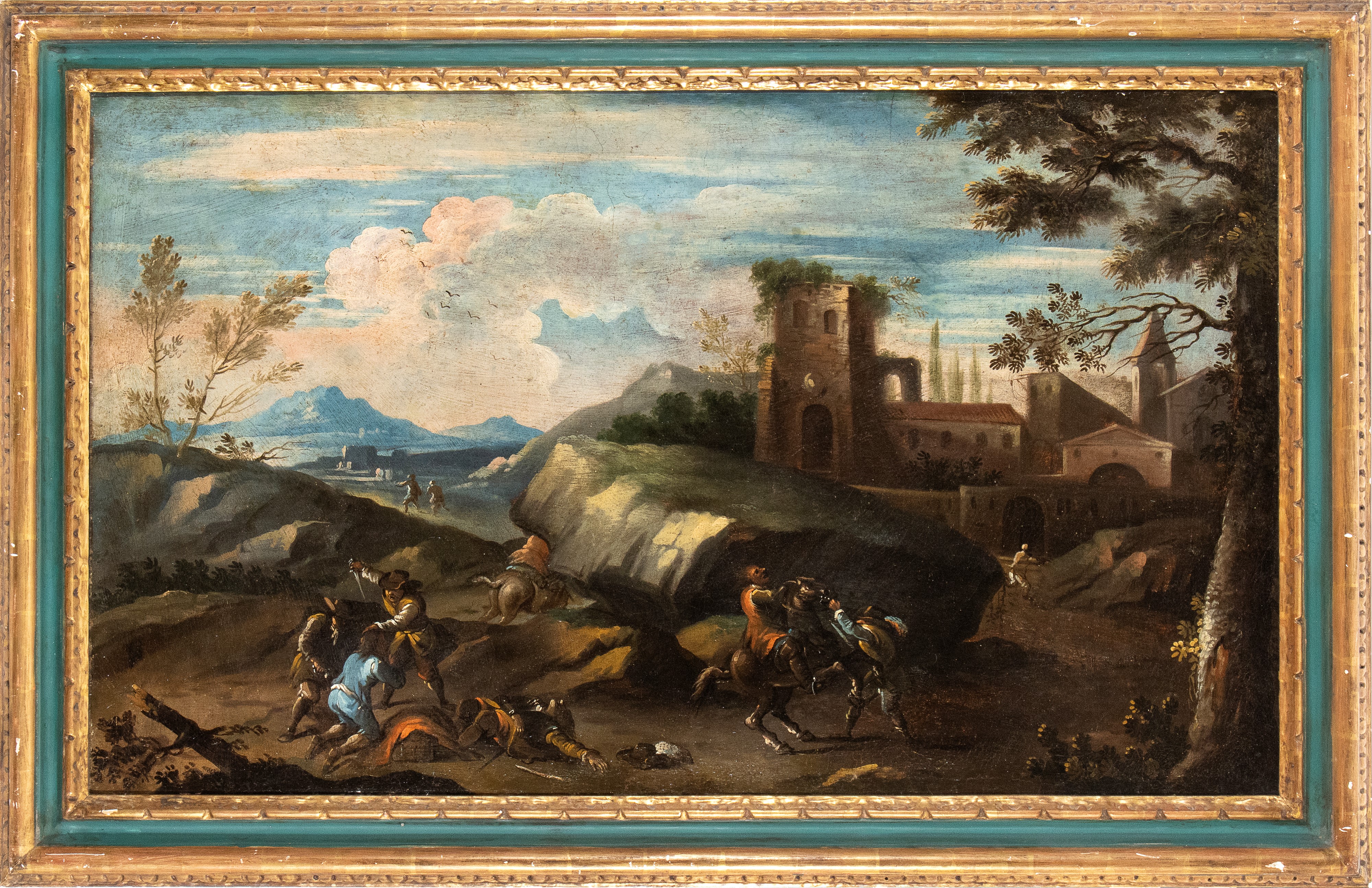 Artista Veneto, Fine XVII - Inizio XVIII Secolo - Paesaggio con Agguato e Cittadella sullo Sfondo