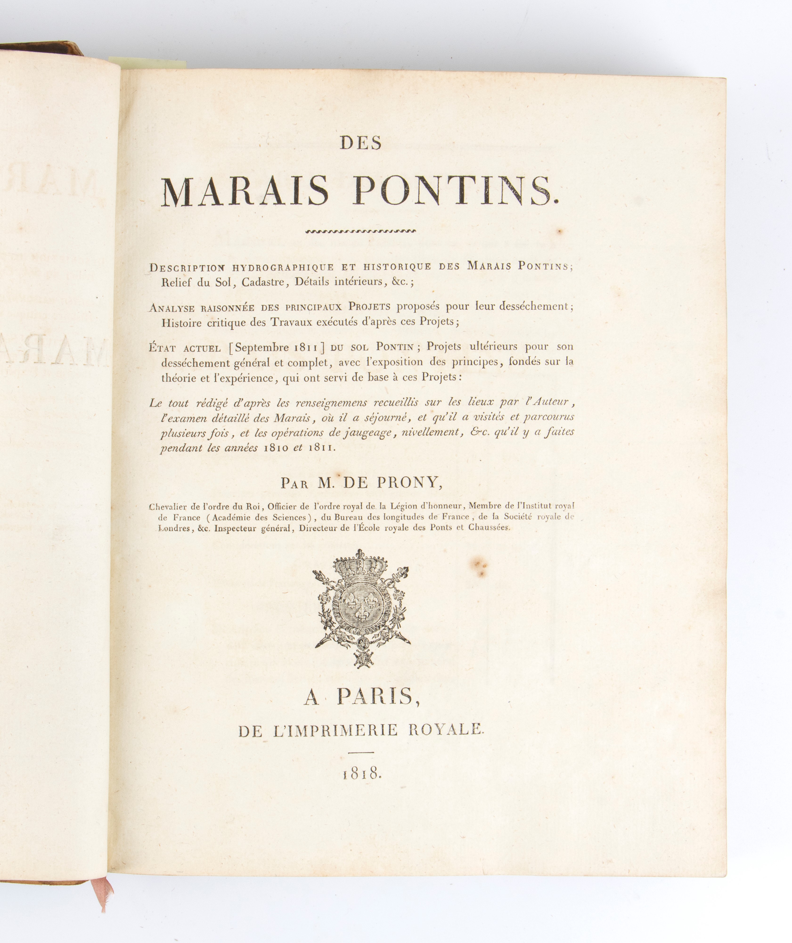 De Prony. Description Hydrographique Et Historique Des Marais Pontins. Paris 1818-1823