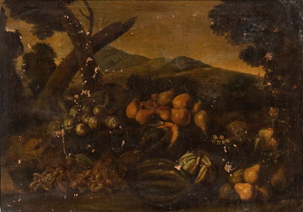 Scuola romana, XVII secolo - Natura morta di frutta in un paesaggio