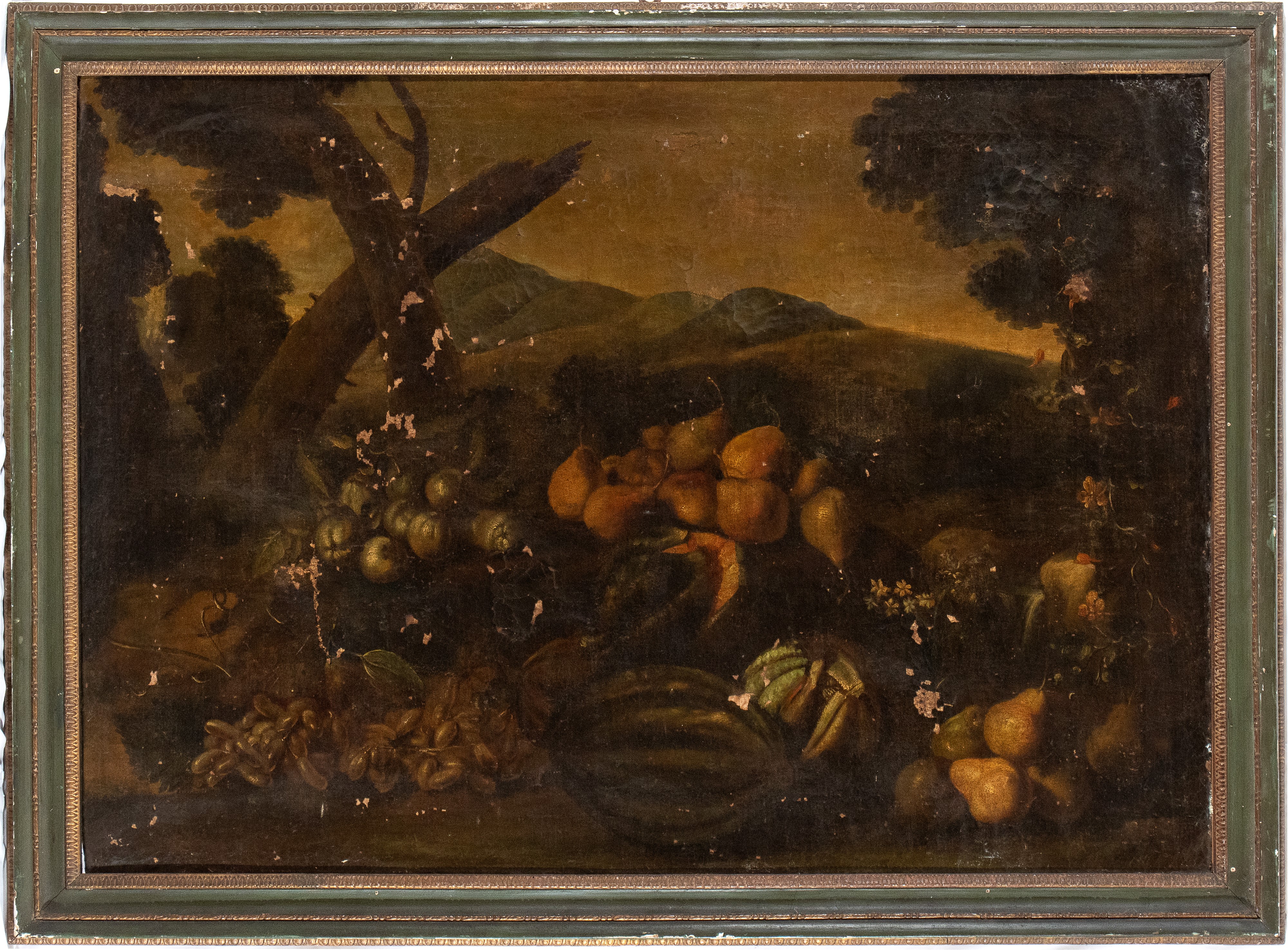 Scuola Romana, XVII Secolo - Natura Morta di Frutta in un Paesaggio