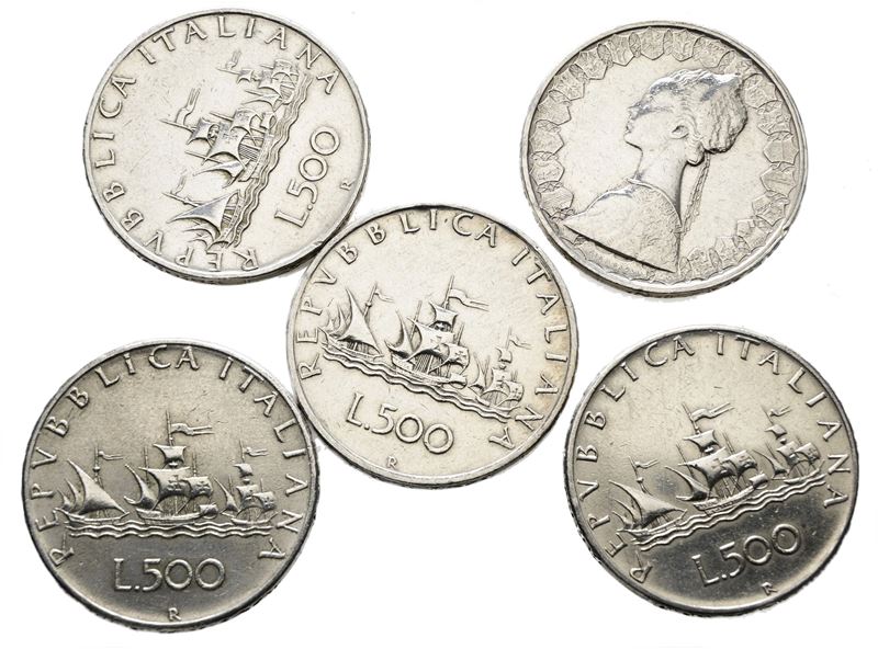 REPUBBLICA ITALIANA, lotto di n. 5 monete da 500 lire "Caravelle" in argento
