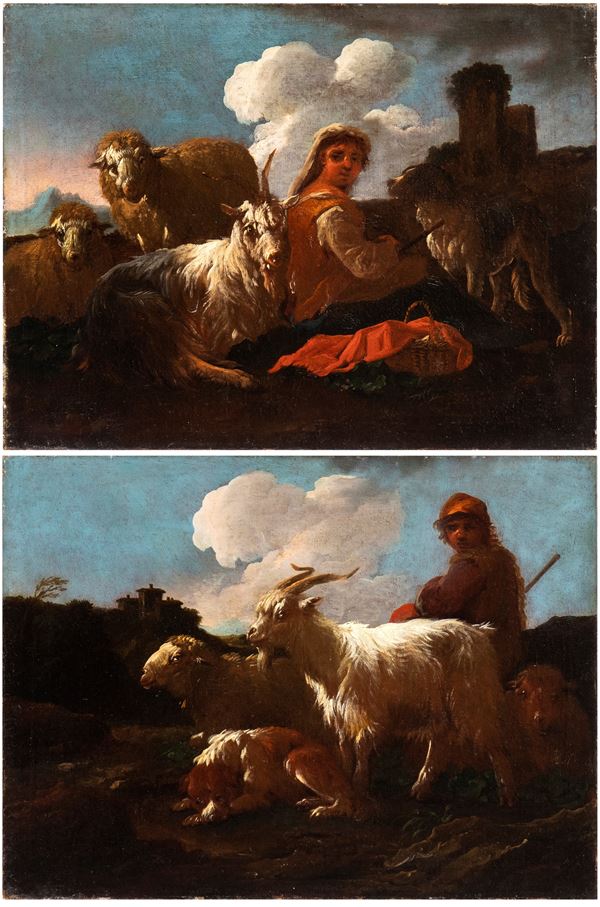 Philipp Peter Roos Rosa da Tivoli - a) Pastorella con capre e cane; b) pastore con capre e cane. Coppia di dipinti