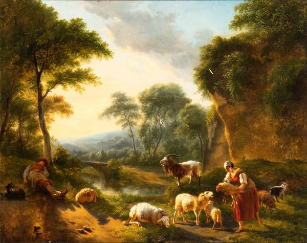 Artista francese, XVIII secolo - Paesaggio con pastori e greggi al riposo