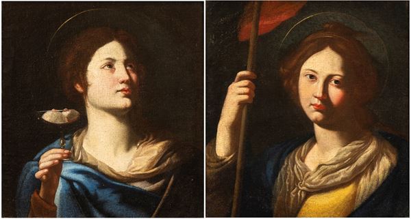 Nicol&#242; De Simone - a) Saint Agatha; b) Saint with red banner. Pair of paintings