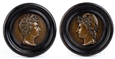 Due Grandi Placche in Bronzo con Cornice in Legno