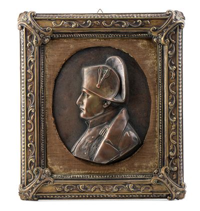 Miniatura con Busto in Bronzo di Napoleone in Cornice in Bronzo Coeva
