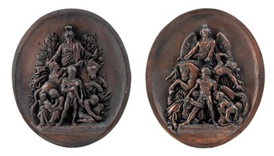 Coppia di Grandi Placche in Rame Realizzate in Galvanoplastica e Raffiguranti “la Résistance 1814...