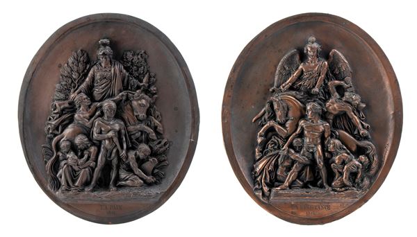 pair of large copper plaques made of electroplating and depicting “La Résistance 1814” and “La Paix 1815”