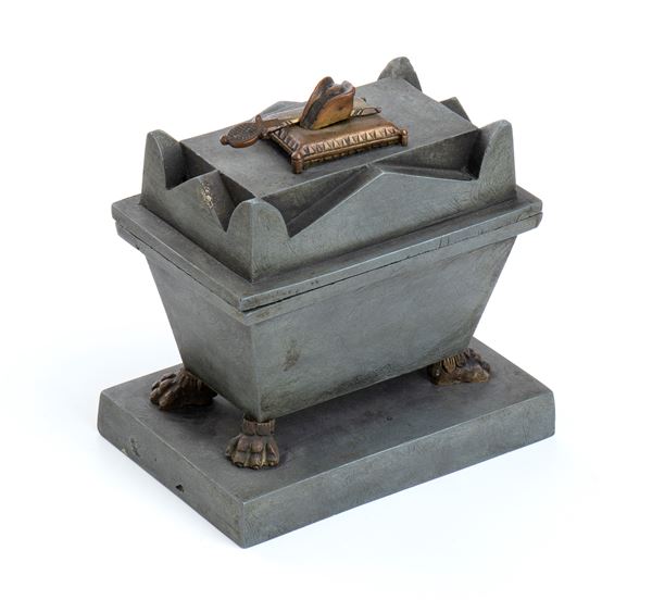 Small sarcophagus in white and bronze metal containing an inkwell and Napoleon's bronze remains