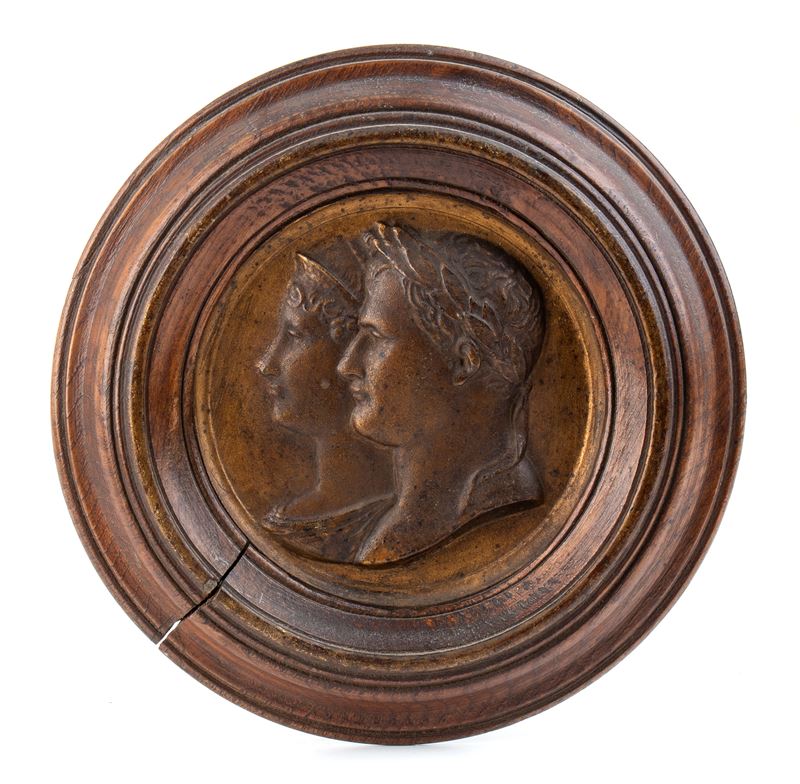 Miniatura in Bronzo con Cornice in Legno di Napoleone e Giuseppina