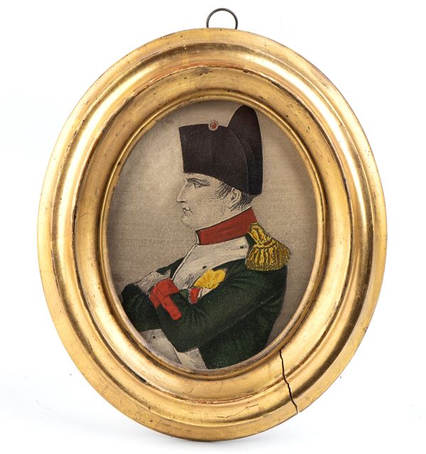Miniatura ovale con cornice in legno dorato e stampa acquarellata di Napoleone