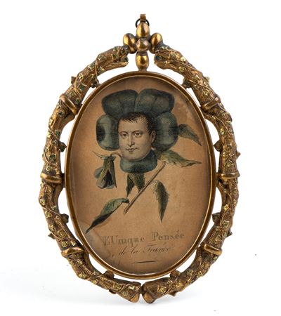 Importante Miniatura Ovale in Cornice in Bronzo con Rappresentazione del “pensiero Unico Napoleon...