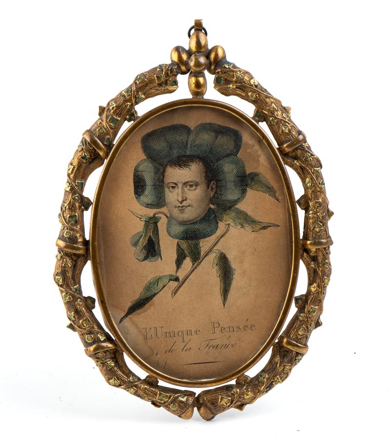 Importante Miniatura Ovale in Cornice in Bronzo con Rappresentazione del “pensiero Unico Napoleon...