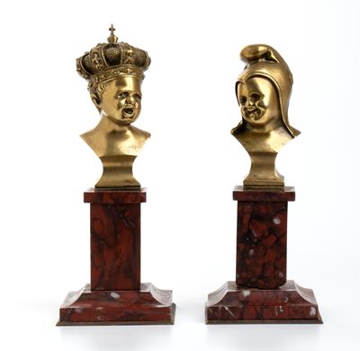 “jean Qui Rit” e “jean Qui Pleure” in Bronzo con Base in Marmo Rosso