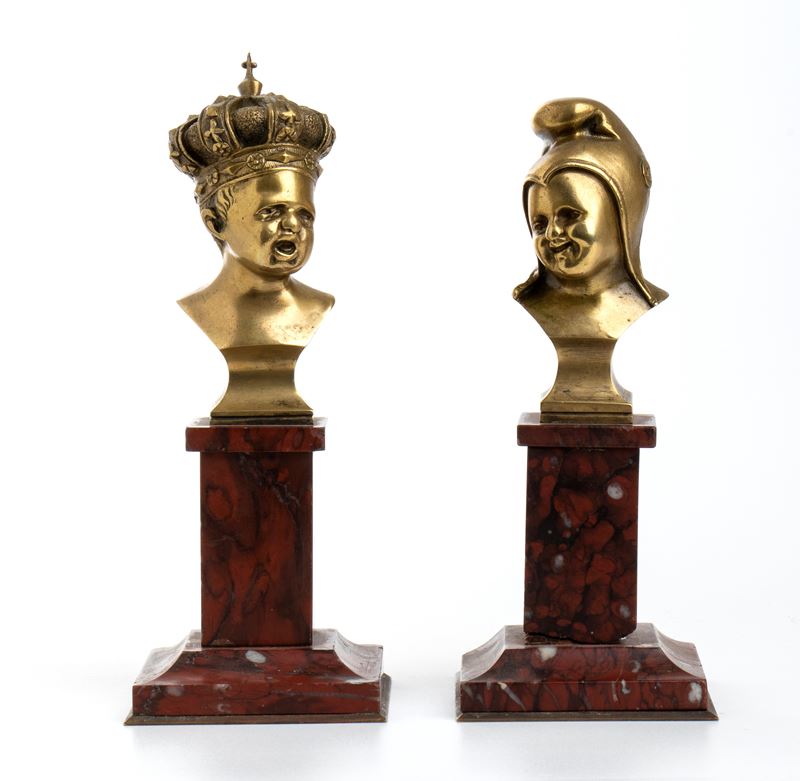 “jean Qui Rit” e “jean Qui Pleure” in Bronzo con Base in Marmo Rosso