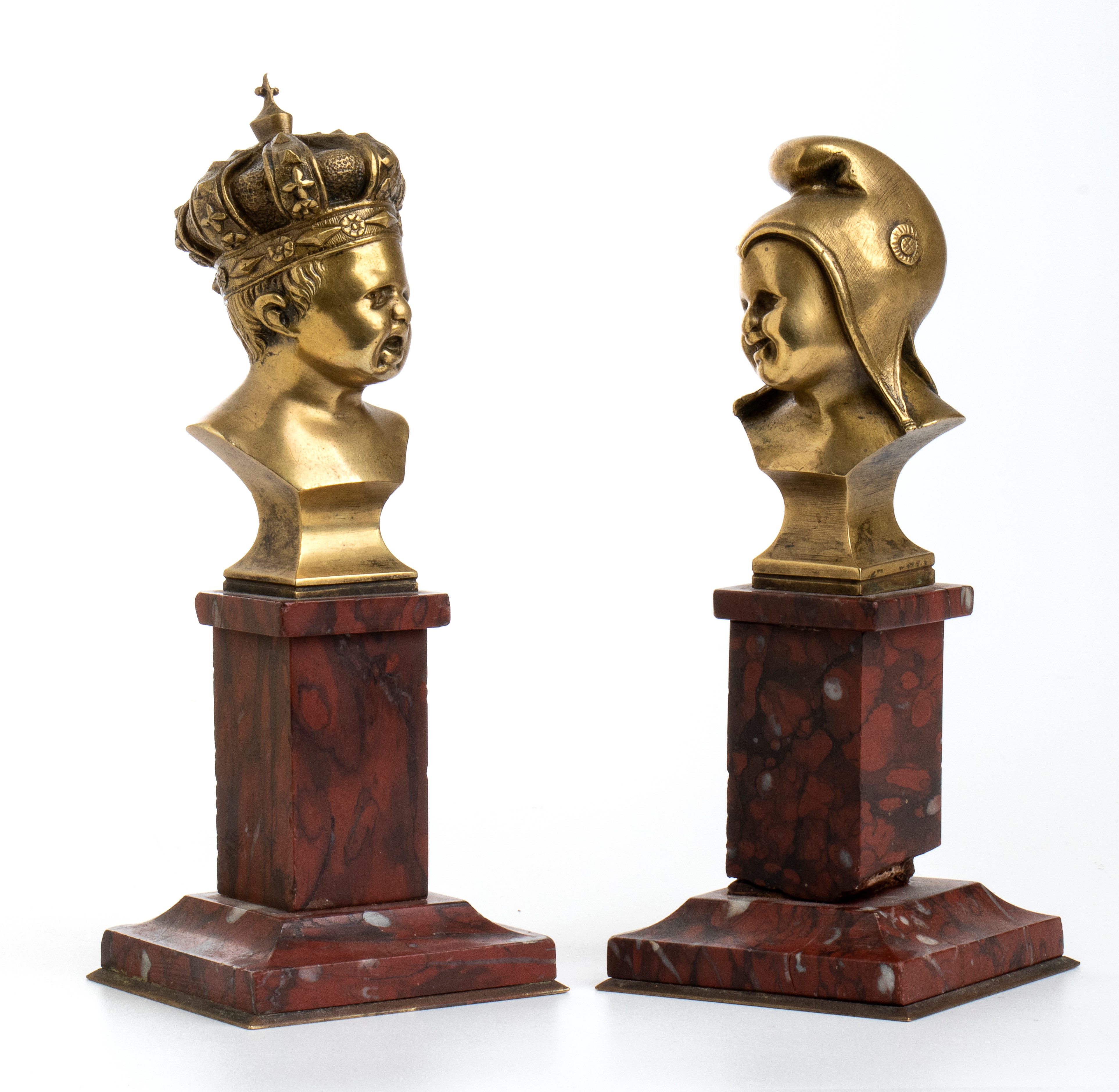 “jean Qui Rit” e “jean Qui Pleure” in Bronzo con Base in Marmo Rosso
