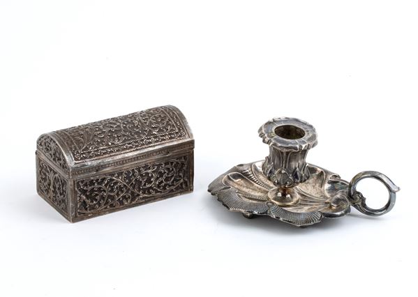 A silver chamber candlestick and a silver box - 20th century