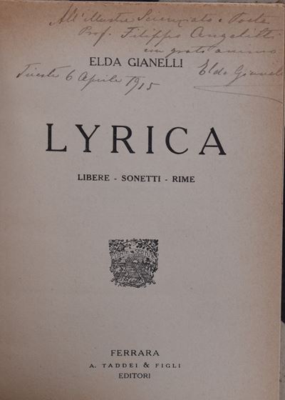 Gianelli, Elda Lyrica. Libere Sonetti Rime. 1915.