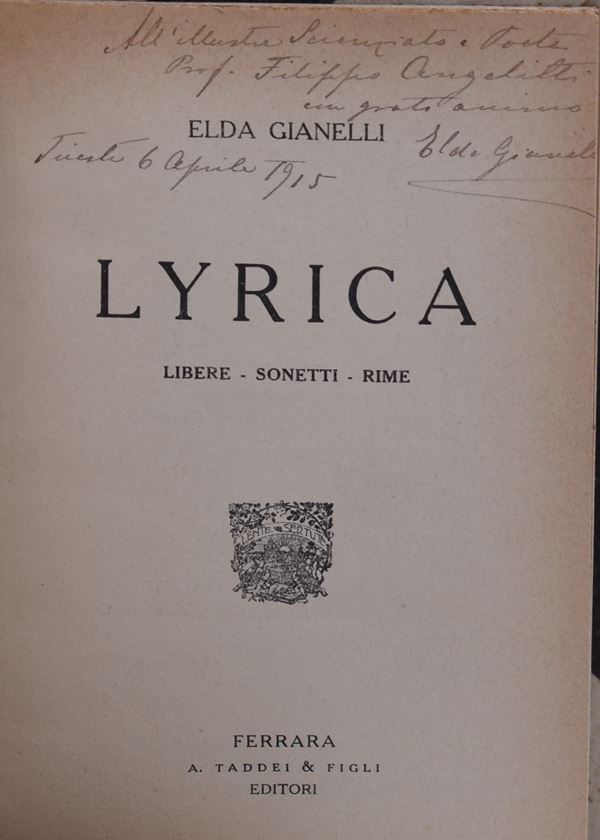 GIANELLI, Elda LYRICA. LIBERE SONETTI RIME. 1915.