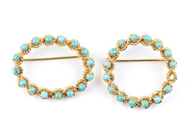 Turquoise gold pair of brooches - 1950s