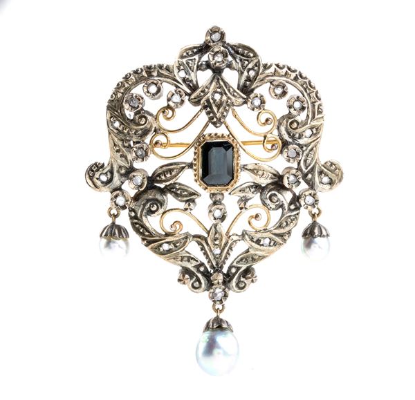 Spilla pendente con perle, diamanti e zaffiro - fine XIX, inizio XX secolo