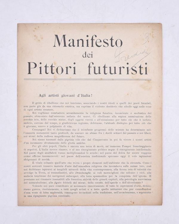MANIFESTO DEI PITTORI FUTURISTI. 1910 (1911/1912).  - Auction Ancient and rare books, italian first editions of 20th century - Bertolami Fine Art - Casa d'Aste