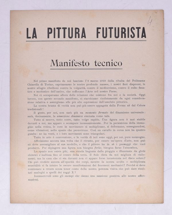 LA PITTURA FUTURISTA. MANIFESTO TECNICO. 1910 (MA 1911/1912).  - Auction Ancient and rare books, italian first editions of 20th century - Bertolami Fine Art - Casa d'Aste
