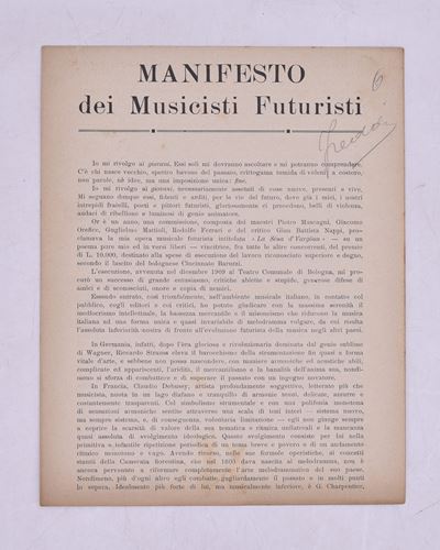 Manifesto dei Musicisti Futuristi. 1910 (1913 Ca).