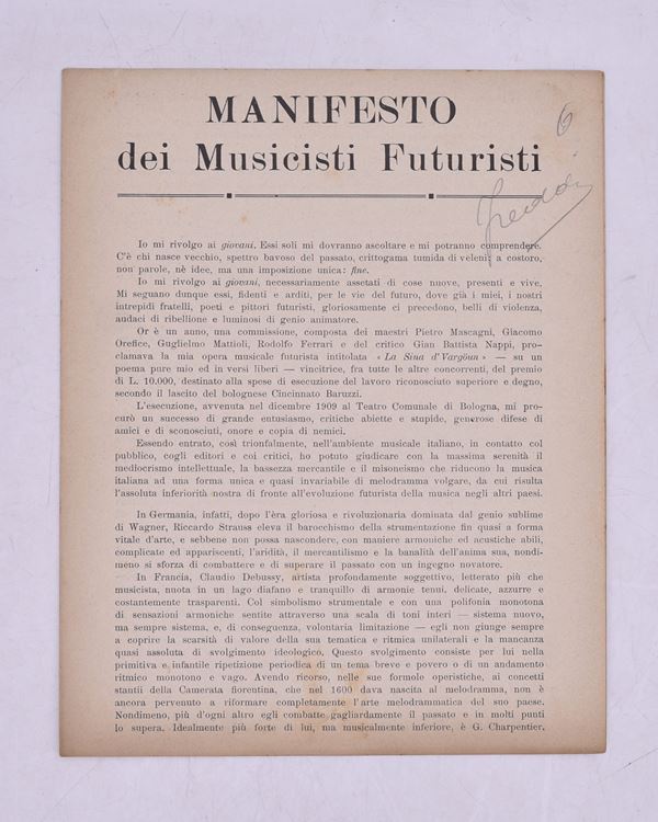 MANIFESTO DEI MUSICISTI FUTURISTI. 1910 (1913 CA).  - Auction Ancient and rare books, italian first editions of 20th century - Bertolami Fine Art - Casa d'Aste