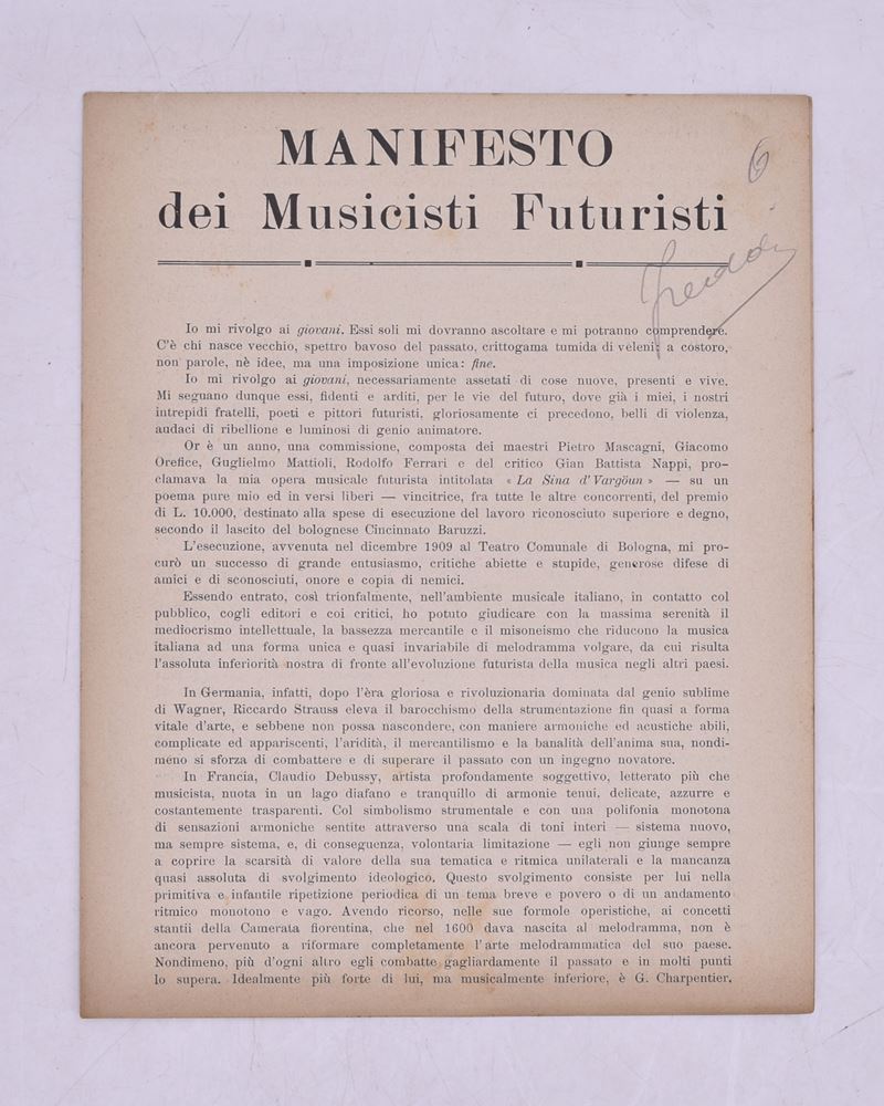 Manifesto dei Musicisti Futuristi. 1910 (1913 Ca).