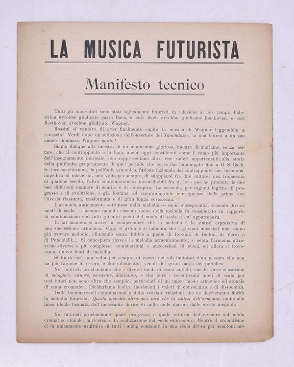 LA MUSICA FUTURISTA - MANIFESTO TECNICO. 1911 (1913 CA).  - Auction Ancient and rare books, italian first editions of 20th century - Bertolami Fine Art - Casa d'Aste