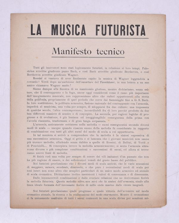 LA MUSICA FUTURISTA - MANIFESTO TECNICO. 1911 (1913 CA).  - Asta Libri antichi, rarità bibliografiche e prime edizioni del '900 - Bertolami Fine Art - Casa d'Aste