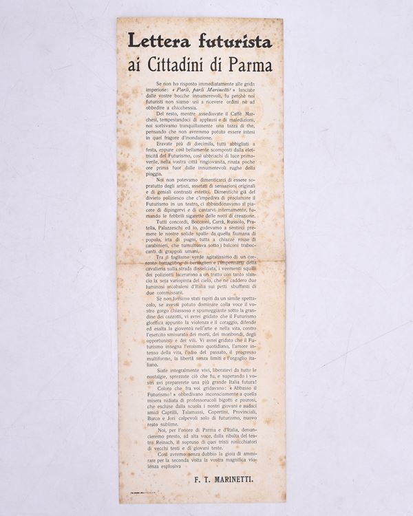 LETTERA FUTURISTA AI CITTADINI DI PARMA. 1911.  - Auction Ancient and rare books, italian first editions of 20th century - Bertolami Fine Art - Casa d'Aste