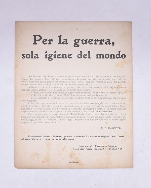 PER LA GUERRA, SOLA IGIENE DEL MONDO. 1911  - Auction Ancient and rare books, italian first editions of 20th century - Bertolami Fine Art - Casa d'Aste