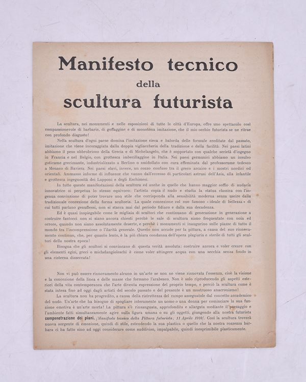 MANIFESTO TECNICO DELLA SCULTURA FUTURISTA. 1912  - Auction Ancient and rare books, italian first editions of 20th century - Bertolami Fine Art - Casa d'Aste