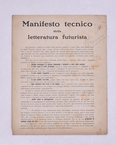 Manifesto Tecnico della Letteratura Futurista, 1912.