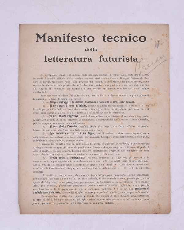 MANIFESTO TECNICO DELLA LETTERATURA FUTURISTA, 1912.  - Auction Ancient and rare books, italian first editions of 20th century - Bertolami Fine Art - Casa d'Aste