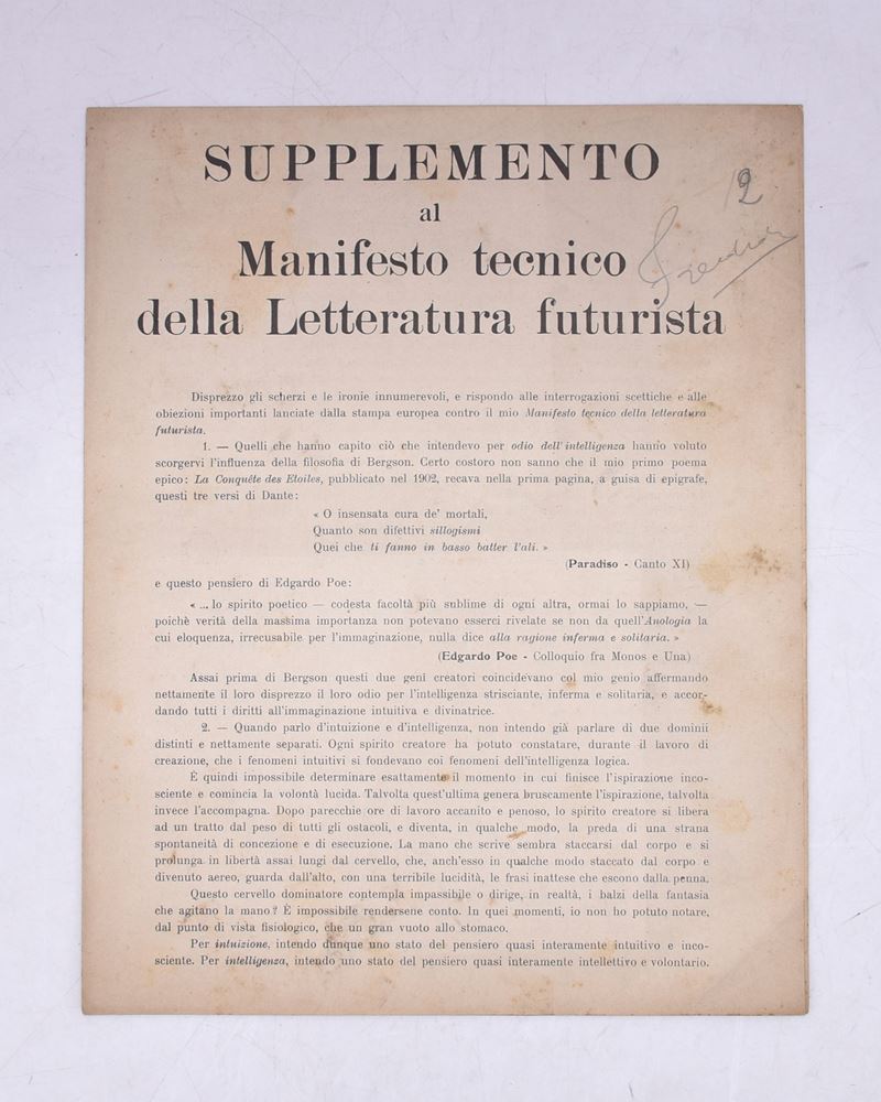 Supplemento al Manifesto Tecnico della Letteratura Futurista. 1912.