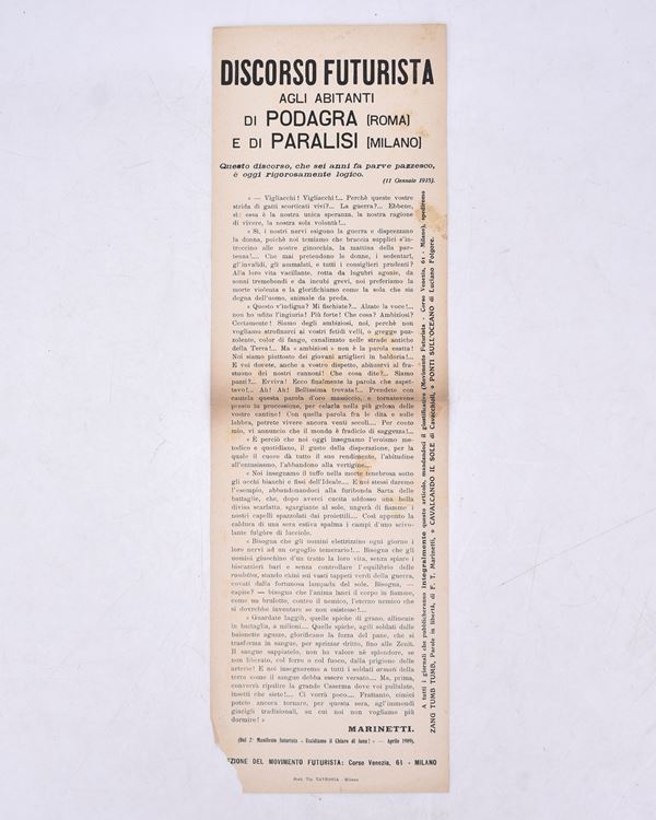 DISCORSO FUTURISTA AGLI ABITANTI DI PODAGRA (ROMA) E DI PARALISI (MILANO). 1915  - Auction Ancient and rare books, italian first editions of 20th century - Bertolami Fine Art - Casa d'Aste