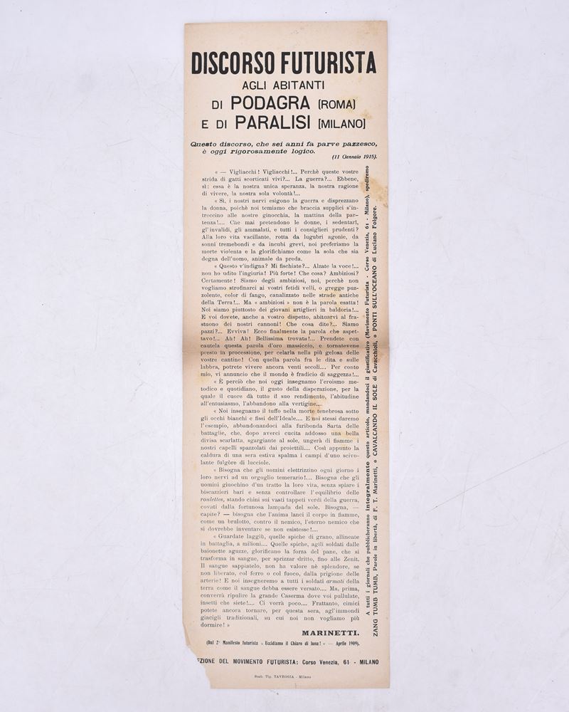 Discorso Futurista agli Abitanti di Podagra (roma) e di Paralisi (milano). 1915