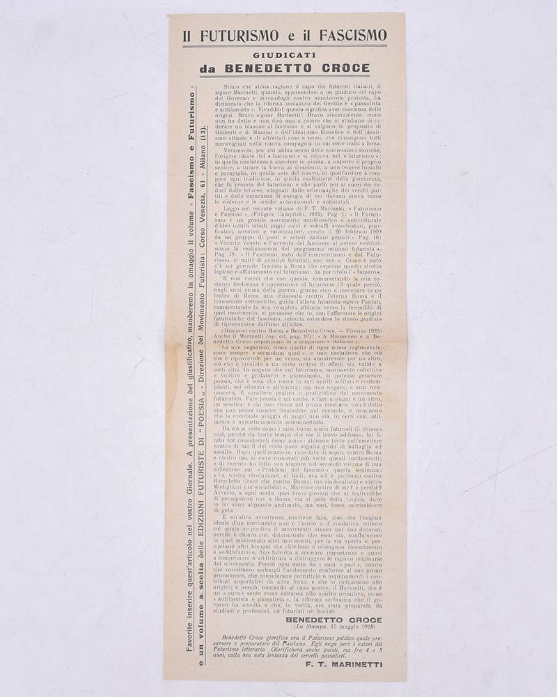 Il Futurismo e il Fascismo Giudicati da Benedetto Croce. 1924.