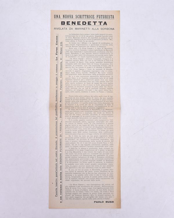 UNA NUOVA SCRITTRICE FUTURISTA: BENEDETTA. RIVELATA DA MARINETTI ALLA SORBONA. 1924.