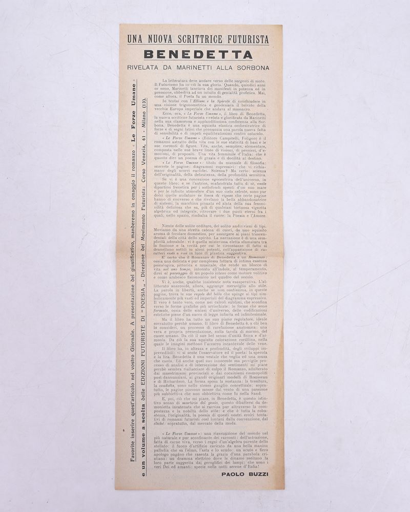 Una Nuova Scrittrice Futurista: Benedetta. Rivelata da Marinetti alla Sorbona. 1924.
