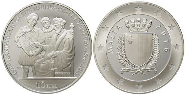 MALTA. 10 Euro 2016 "450th Anniversary of the Foundation of Valletta 1566-2016. Ag (28,28 g; 38,61 mm)   - Asta Monete e medaglie medievali e moderne italiane ed estere - Bertolami Fine Art - Casa d'Aste