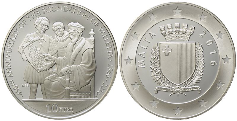 Malta. 10 Euro 2016 "450th Anniversary Of The Foundation Of Valletta 1566-2016. Ag (28,28 G; 38,6...