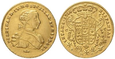 Napoli. Regno di Napoli. Ferdinando IV di Borbone (1759 - 1799 i Periodo). 6 Ducati 1766. Au (8,8...