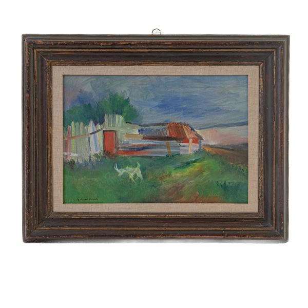 GIOVANNI OMICCIOLI : Case al mare  - dipinto ad olio su cartone - Asta Smart Auction: arredi, dipinti, sculture, argenti e altro a prezzi vantaggiosi - Bertolami Fine Art - Casa d'Aste